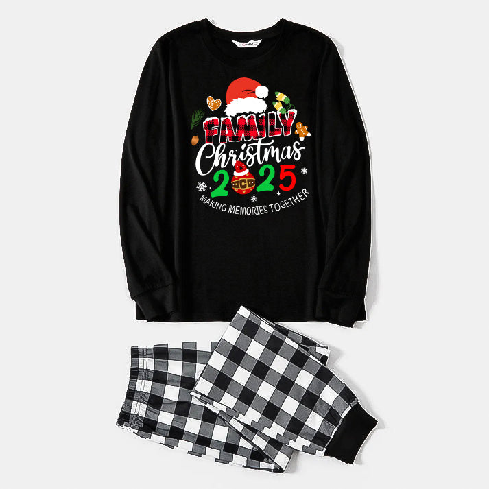 Family Christmas 2025 Making Memories Together Text Print Black Long Sleeve Top with Black And White Plaid Pants Family Matching Pajamas