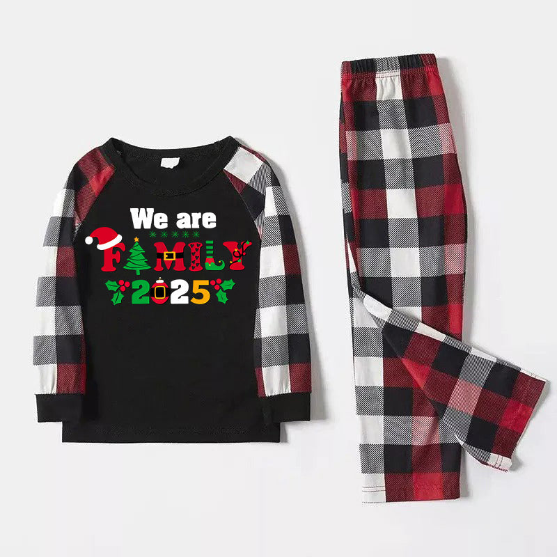 Christmas We are Family 2025 Letter Print Red & Black & Grey & White Plaid Family Matching Pajamas With Dog