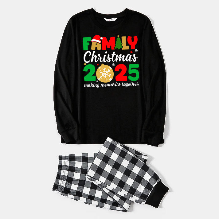 "Family Christmas 2025" Cute Text and Santa Hat Prints Black Long Sleeve Top with Black And White Plaid Pants Family Matching Pajamas