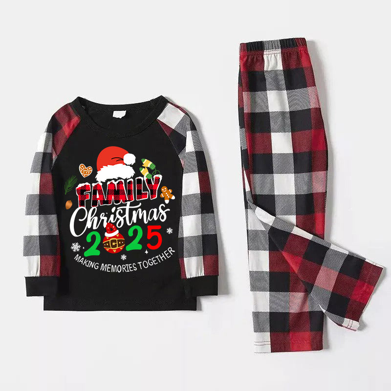 Santa Hat And "Family Christmas 2025 " Colorful Text Printed Pattern - Black Top with Red&Black&White Plaid Sleeves - Family Matching Pajamas
