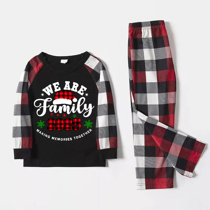 "We are Family2025" Santa Hat Monogram Print Letter Red & Black & Grey & White Plaid Family Matching Pajamas