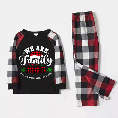 "We are Family2025" Santa Hat Monogram Print Letter Red & Black & Grey & White Plaid Family Matching Pajamas