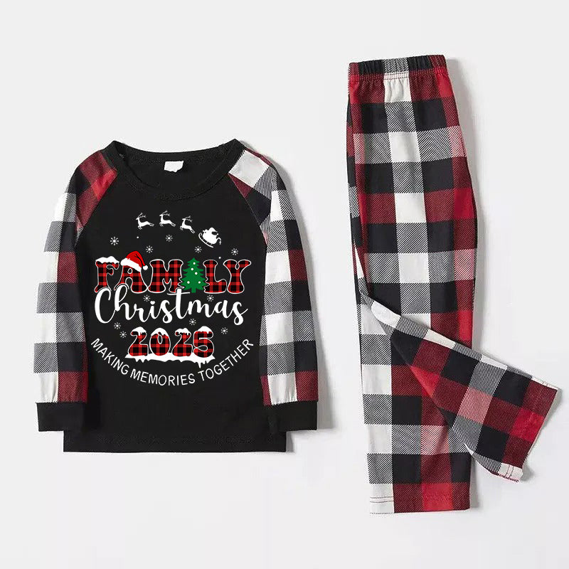 "FAMILY CHRISTMAS 2025" Text Printed and Santa Hat Pattern- Black Top with Red&Black&White Plaid Sleeves - Family Matching Pajamas