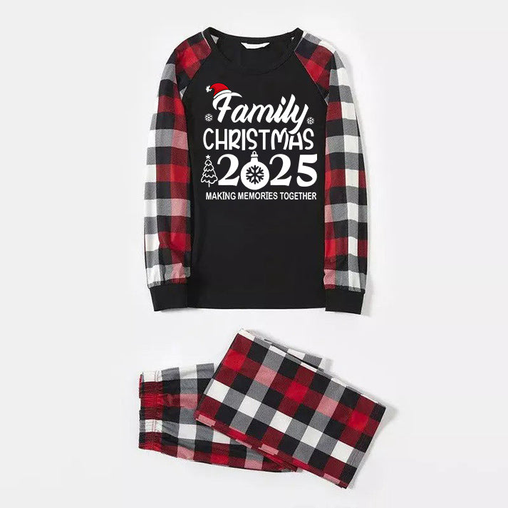 "FAMILY 2025CHRISTMAS  MAKING MEMORIES TOGETHER " Text And Santa Hat Printed Pattern- Black Top with Red&Black&White Plaid Sleeves - Family Matching Pajamas