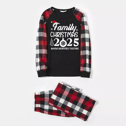 "FAMILY 2025CHRISTMAS  MAKING MEMORIES TOGETHER " Text And Santa Hat Printed Pattern- Black Top with Red&Black&White Plaid Sleeves - Family Matching Pajamas