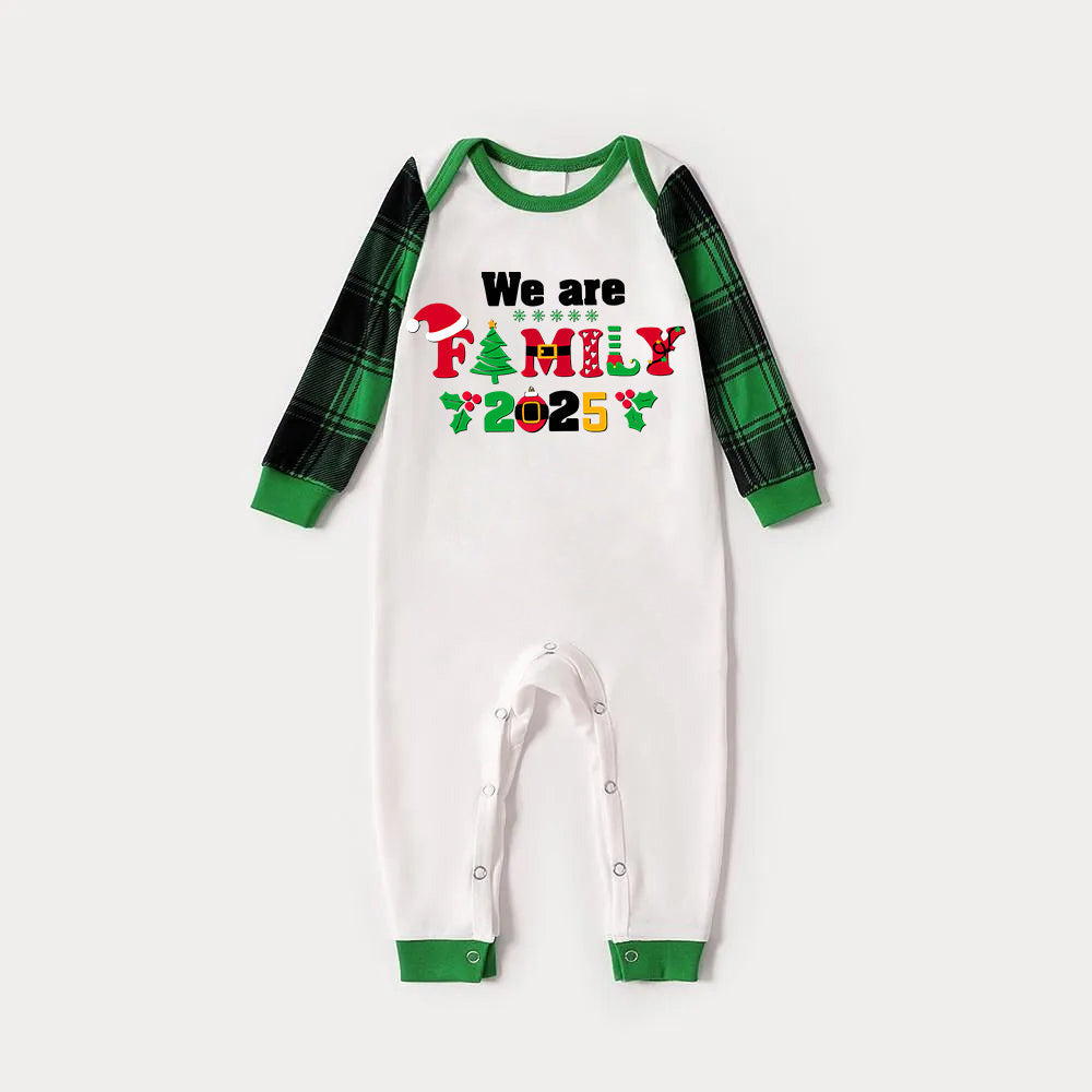 Christmas We are Family 2025 Letter Print Green Rotator Cuff Top With Green & Black Plaid Family Matching Pajamas