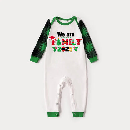 Christmas We are Family 2025 Letter Print Green Rotator Cuff Top With Green & Black Plaid Family Matching Pajamas