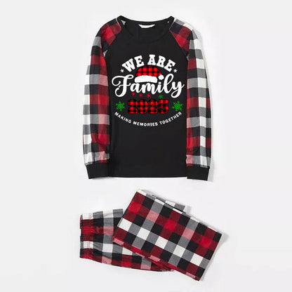 "We are Family2025" Santa Hat Monogram Print Letter Red & Black & Grey & White Plaid Family Matching Pajamas