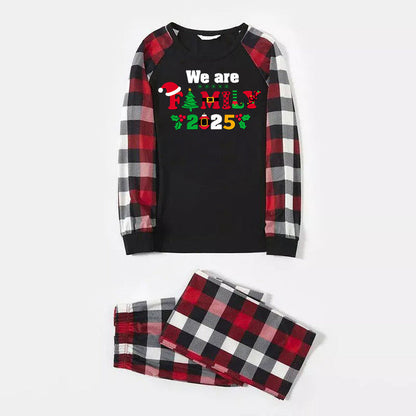 Christmas We are Family 2025 Letter Print Red & Black & Grey & White Plaid Family Matching Pajamas With Dog