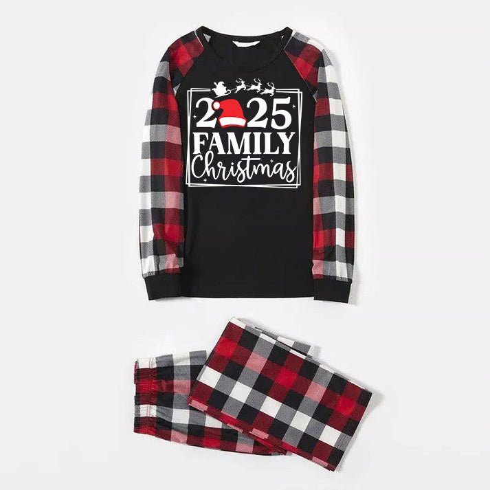 "2025 FAMILY CHRISTMAS " Text And Santa Hat Printed Pattern- Black Top with Red&Black&White Plaid Sleeves - Family Matching Pajamas