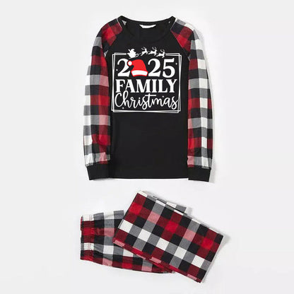 "2025 FAMILY CHRISTMAS " Text And Santa Hat Printed Pattern- Black Top with Red&Black&White Plaid Sleeves - Family Matching Pajamas