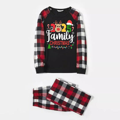 "2025 FAMILY CHRISTMAS " Colorful Text And Deer & Snowflake Printed Pattern - Black Top with Red&Black&White Plaid Sleeves - Family Matching Pajamas