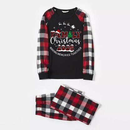"FAMILY CHRISTMAS 2025" Text Printed and Santa Hat Pattern- Black Top with Red&Black&White Plaid Sleeves - Family Matching Pajamas