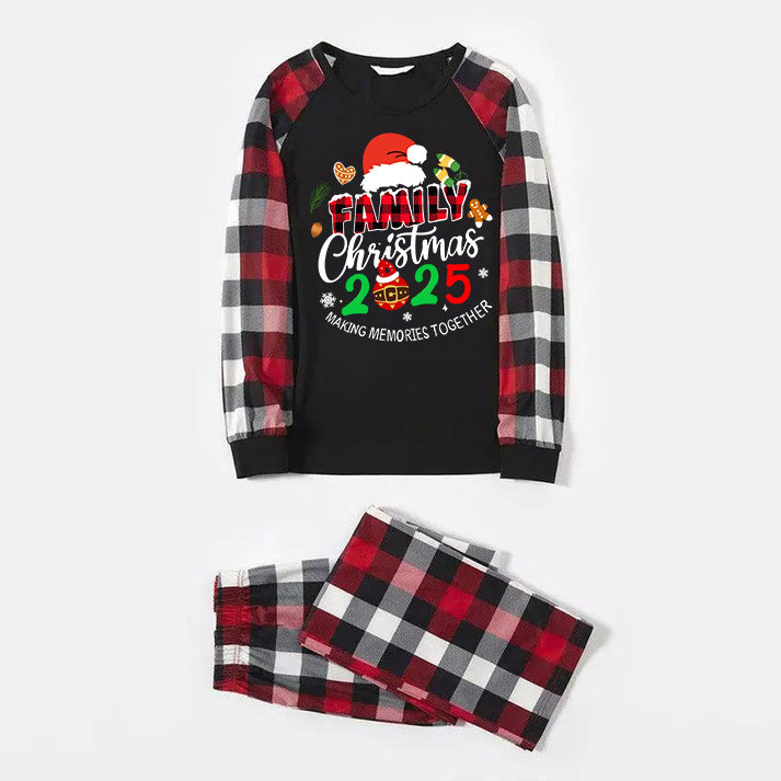 Santa Hat And "Family Christmas 2025 " Colorful Text Printed Pattern - Black Top with Red&Black&White Plaid Sleeves - Family Matching Pajamas