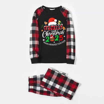 Santa Hat And "Family Christmas 2025 " Colorful Text Printed Pattern - Black Top with Red&Black&White Plaid Sleeves - Family Matching Pajamas