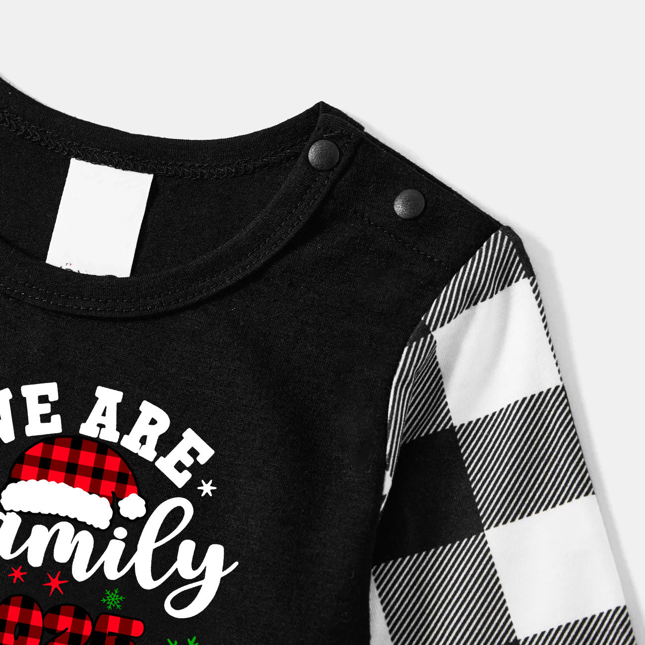 "We are Family2025" Santa Hat Monogram Print Black Long Sleeve Top with Black And White Plaid Pants Family Matching Pajamas