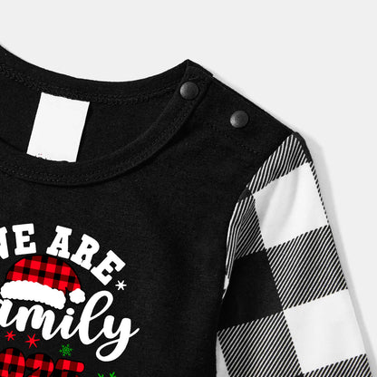 "We are Family2025" Santa Hat Monogram Print Black Long Sleeve Top with Black And White Plaid Pants Family Matching Pajamas