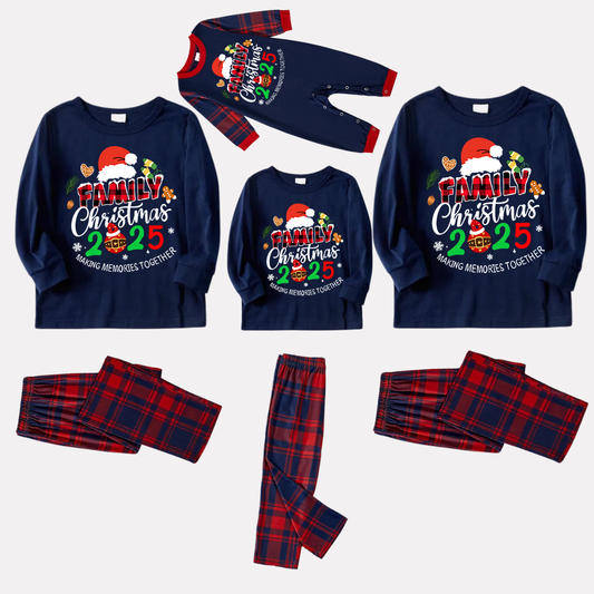 "Family Christmas 2025" Text and Santa Hat Prints Blue Long Sleeves Top with Red and Blue Plaid Pants Christmas Matching Pajamas