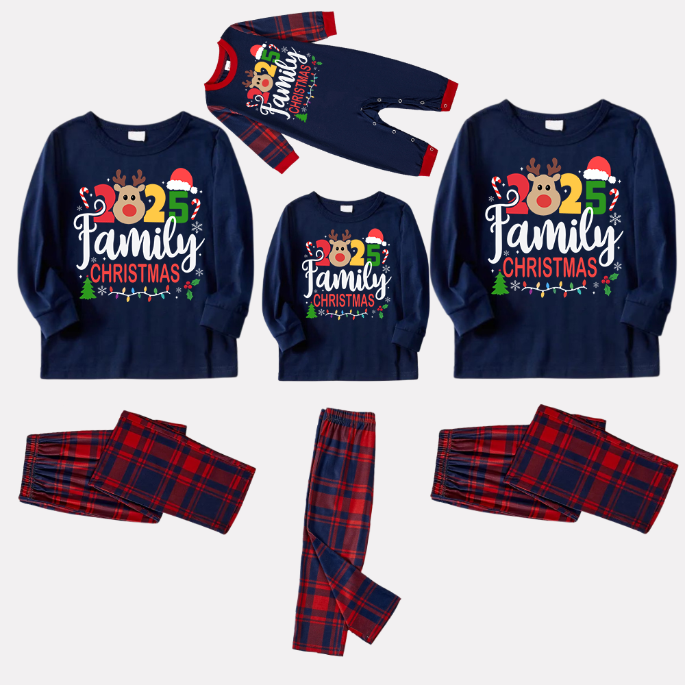 "Family Christmas 2025" Text and Deer Prints Blue Long Sleeves Top with Red and Blue Plaid Pants Christmas Matching Pajamas