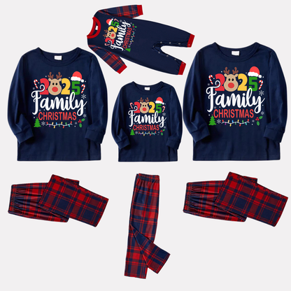"Family Christmas 2025" Text and Deer Prints Blue Long Sleeves Top with Red and Blue Plaid Pants Christmas Matching Pajamas
