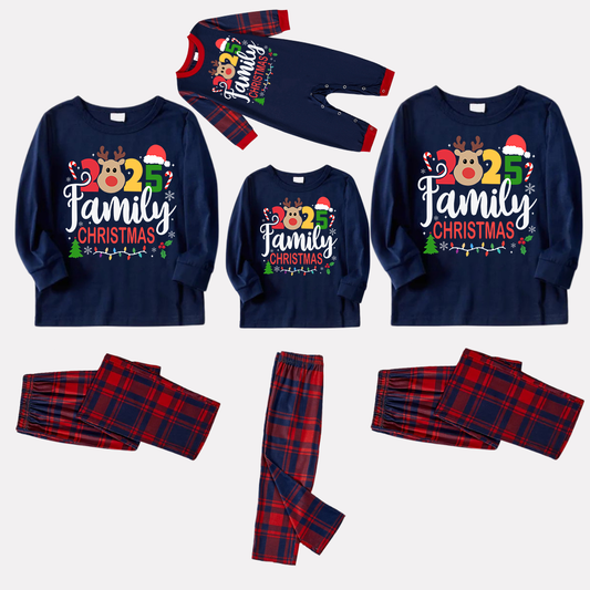 "Family Christmas 2025" Text and Deer Prints Blue Long Sleeves Top with Red and Blue Plaid Pants Christmas Matching Pajamas