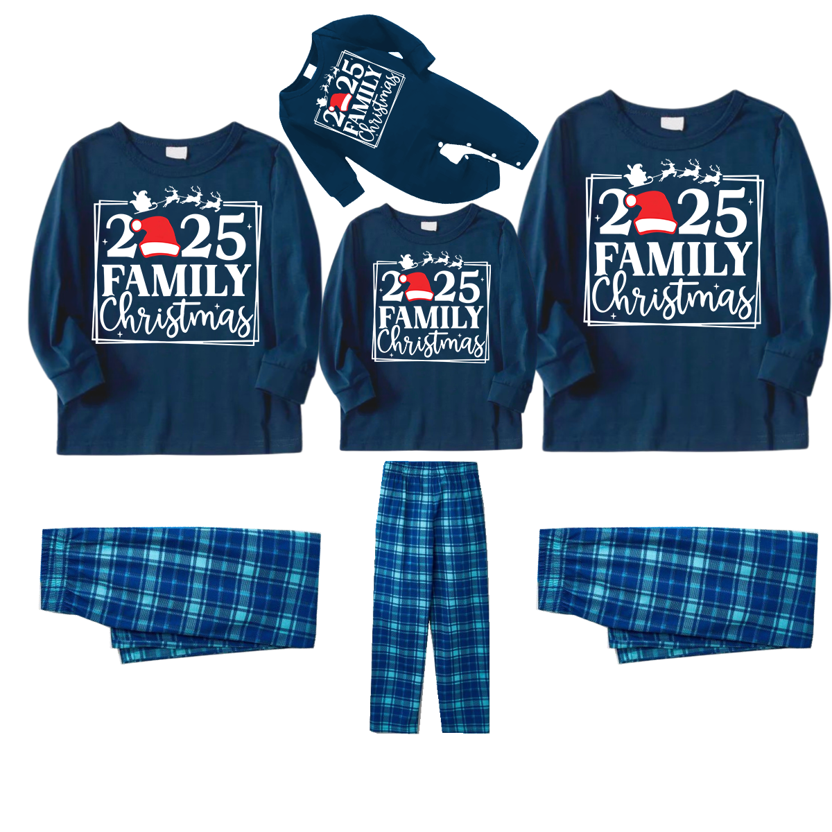 "2025 FAMILY CHRISTMAS" Text and Sleigh Pattern - Blue Long Sleeve Top With Blue Plaid Family Matching Pajamas