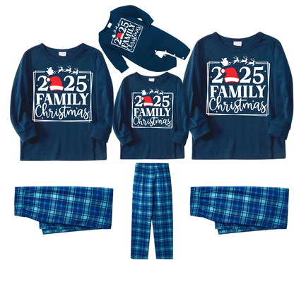 "2025 FAMILY CHRISTMAS" Text and Sleigh Pattern - Blue Long Sleeve Top With Blue Plaid Family Matching Pajamas