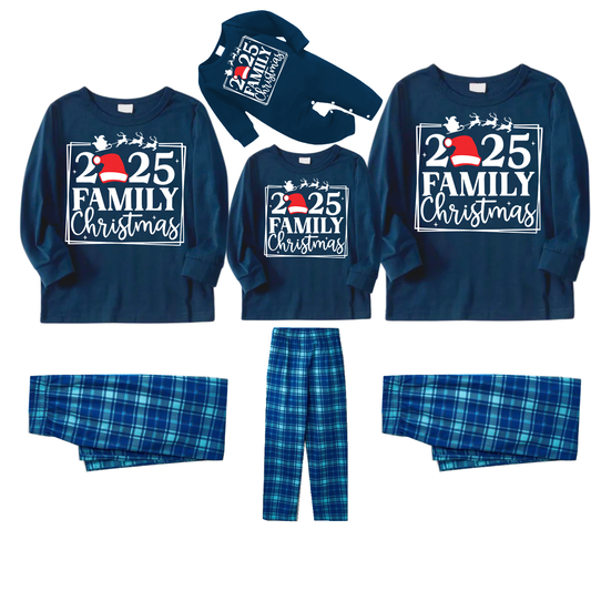 "2025 FAMILY CHRISTMAS" Text and Sleigh Pattern - Blue Long Sleeve Top With Blue Plaid Family Matching Pajamas