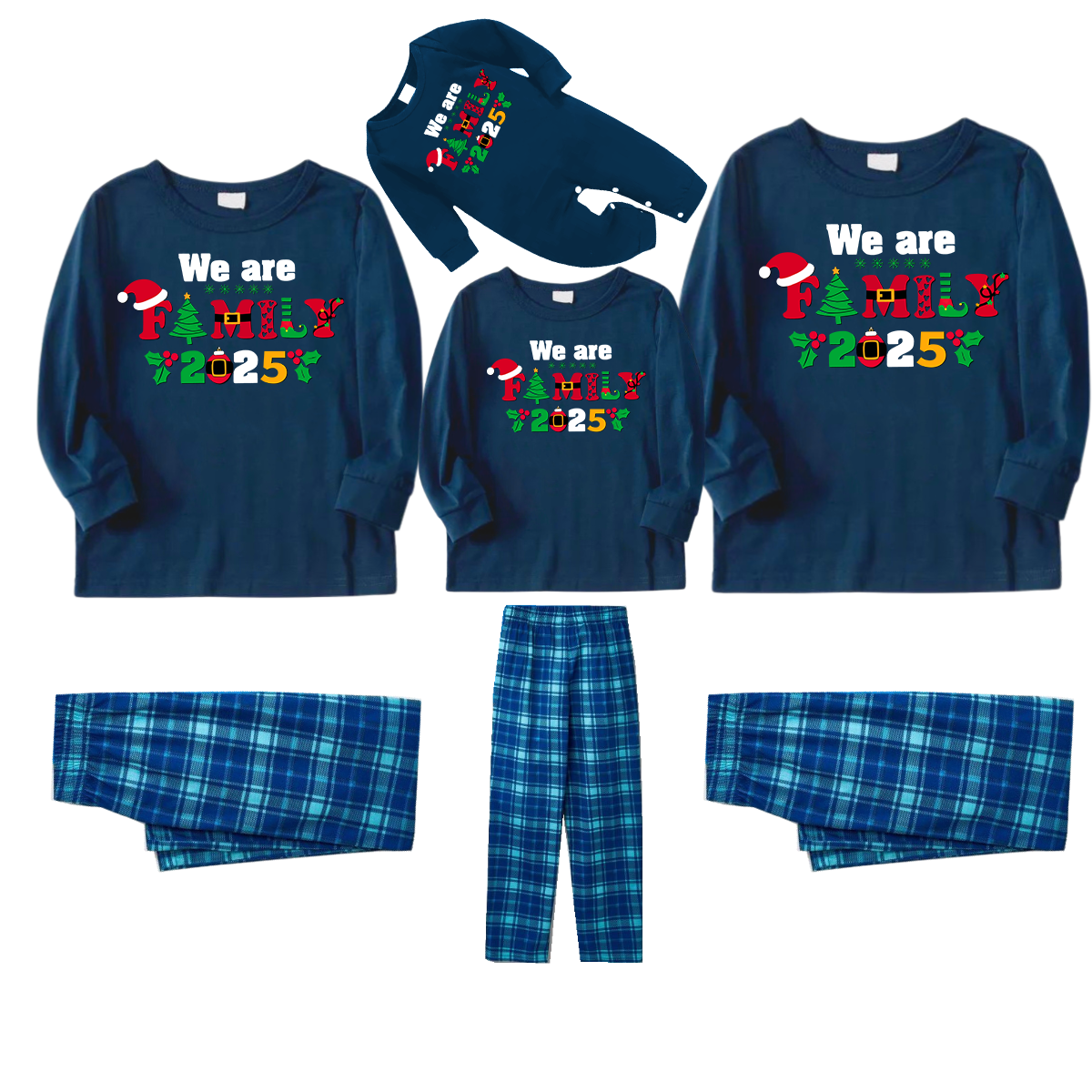 Christmas We are Family 2025 Letter Print Blue Long Sleeve Top With Blue Plaid Family Matching Pajamas