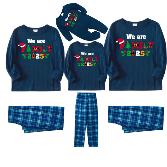 Christmas We are Family 2025 Letter Print Blue Long Sleeve Top With Blue Plaid Family Matching Pajamas