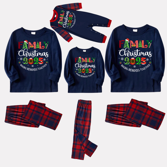 Cute "Family Christmas 2025" Text Prints Blue Long Sleeves Top with Red and Blue Plaid Pants Christmas Matching Pajamas