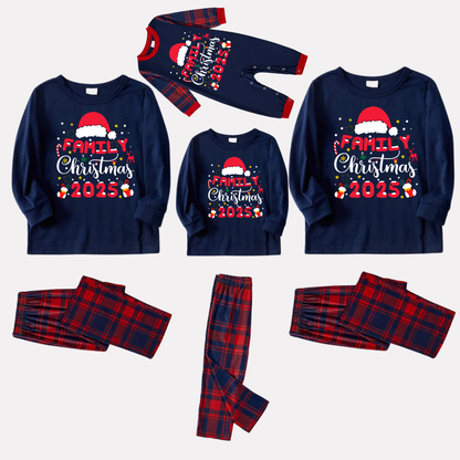 Cute "Family Christmas 2025" Pattern Printed Red and Blue Plaid Christmas Matching Pajamas