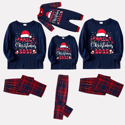 Cute "Family Christmas 2025" Pattern Printed Red and Blue Plaid Christmas Matching Pajamas