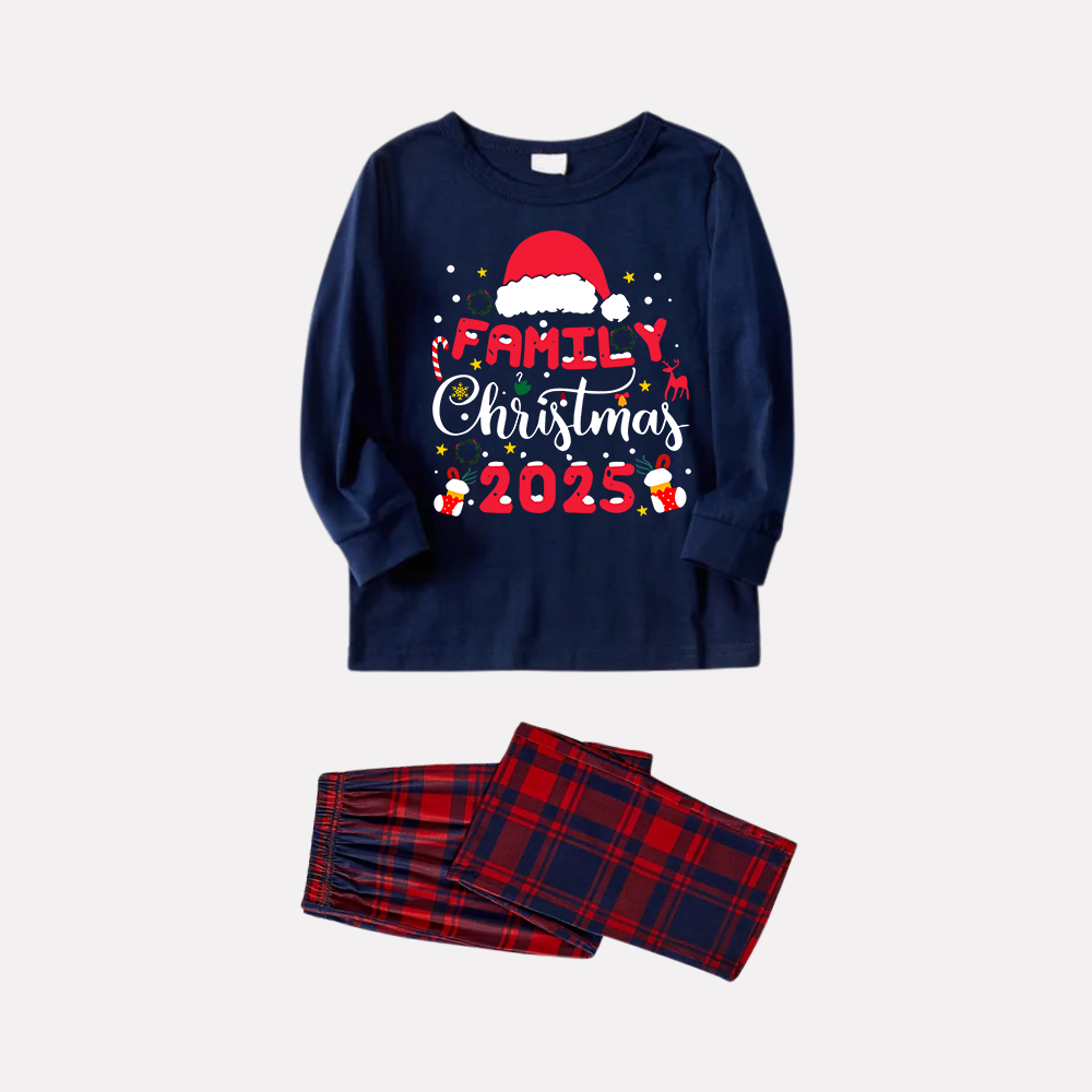 Cute "Family Christmas 2025" Pattern Printed Red and Blue Plaid Christmas Matching Pajamas
