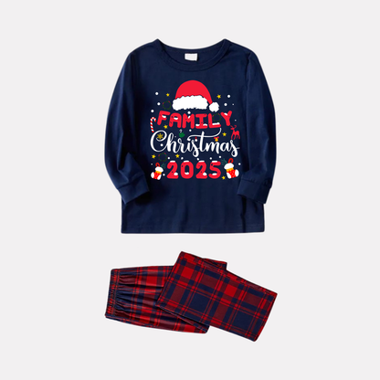 Cute "Family Christmas 2025" Pattern Printed Red and Blue Plaid Christmas Matching Pajamas