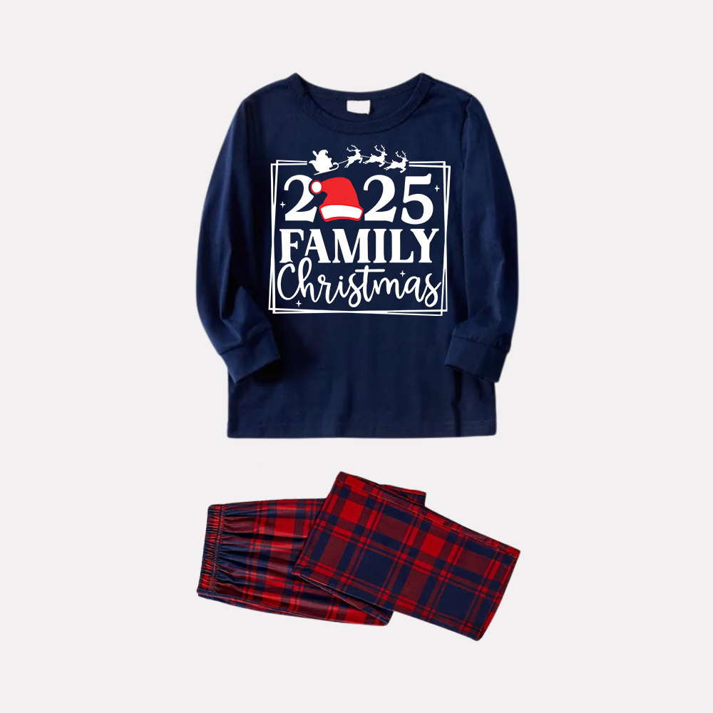 "2025 Family Christmas and Elk" Prints Blue Long Sleeves Top with Red and Blue Plaid Pants Christmas Matching Pajamas