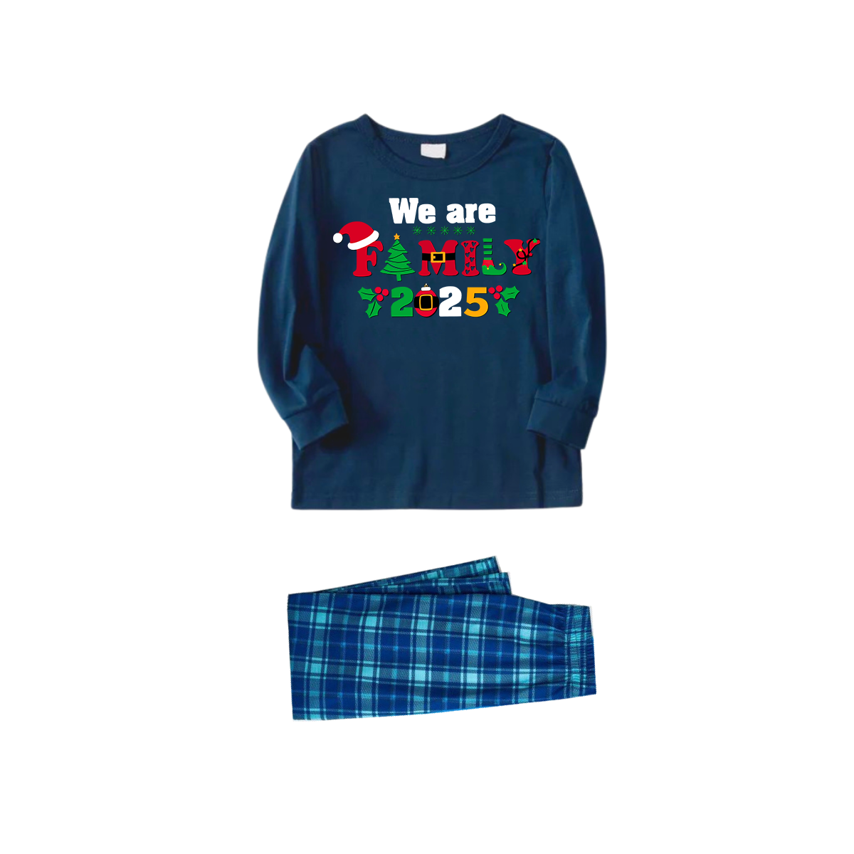 Christmas We are Family 2025 Letter Print Blue Long Sleeve Top With Blue Plaid Family Matching Pajamas
