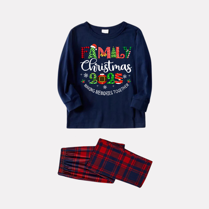 Cute "Family Christmas 2025" Text Prints Blue Long Sleeves Top with Red and Blue Plaid Pants Christmas Matching Pajamas