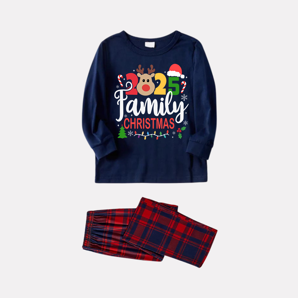 "Family Christmas 2025" Text and Deer Prints Blue Long Sleeves Top with Red and Blue Plaid Pants Christmas Matching Pajamas