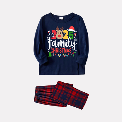 "Family Christmas 2025" Text and Deer Prints Blue Long Sleeves Top with Red and Blue Plaid Pants Christmas Matching Pajamas