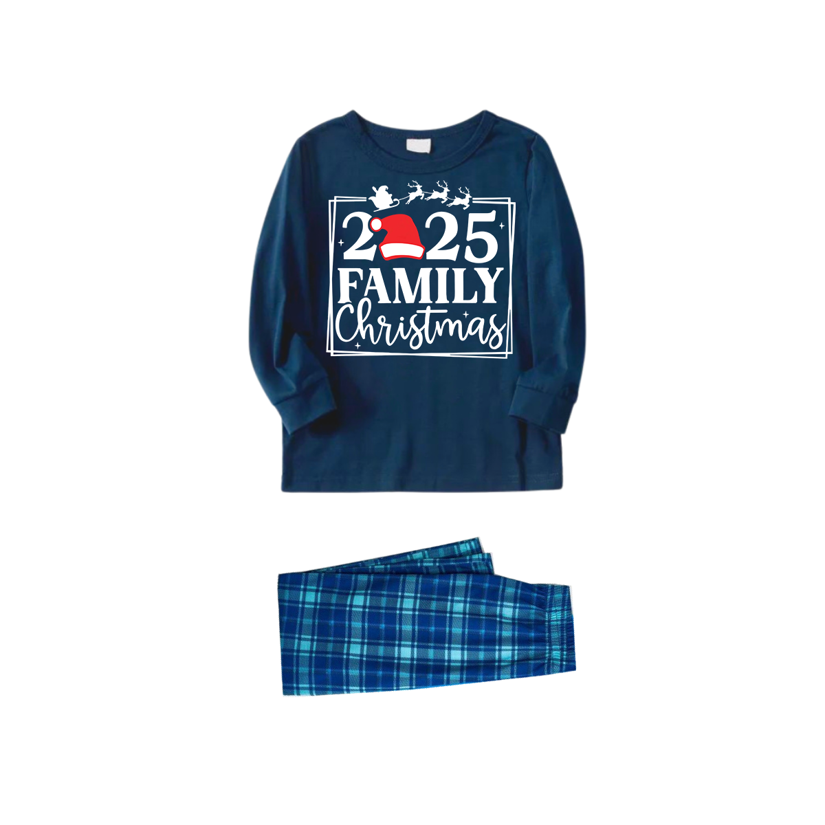 "2025 FAMILY CHRISTMAS" Text and Sleigh Pattern - Blue Long Sleeve Top With Blue Plaid Family Matching Pajamas