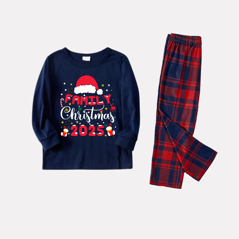 Cute "Family Christmas 2025" Pattern Printed Red and Blue Plaid Christmas Matching Pajamas