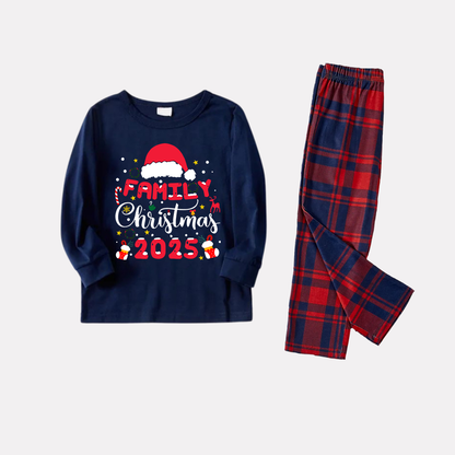 Cute "Family Christmas 2025" Pattern Printed Red and Blue Plaid Christmas Matching Pajamas
