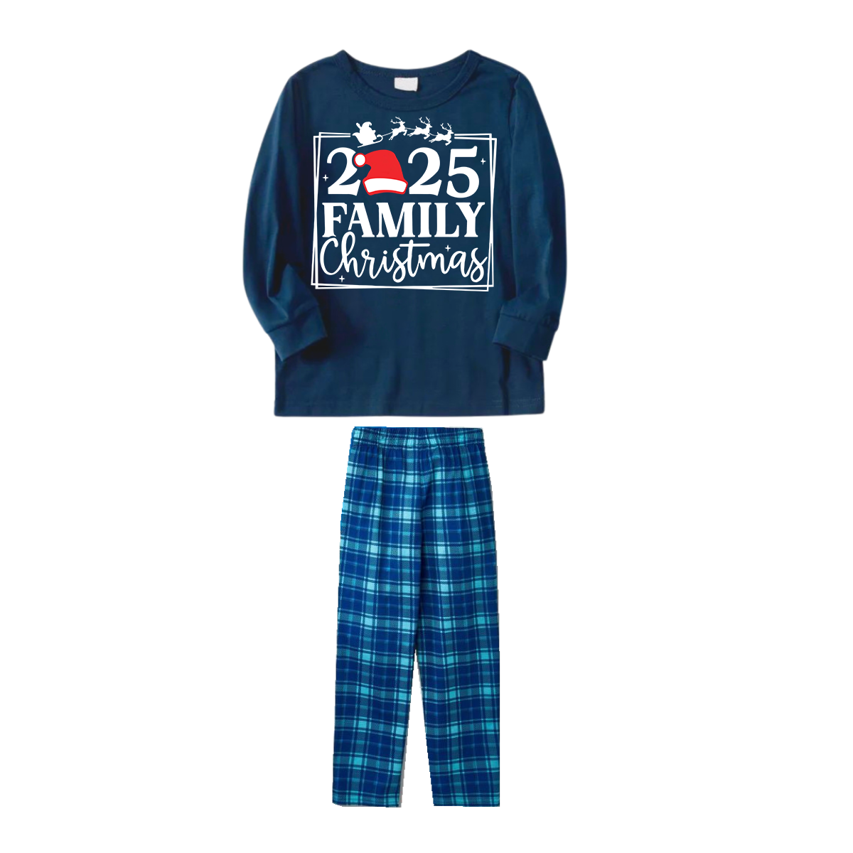 "2025 FAMILY CHRISTMAS" Text and Sleigh Pattern - Blue Long Sleeve Top With Blue Plaid Family Matching Pajamas