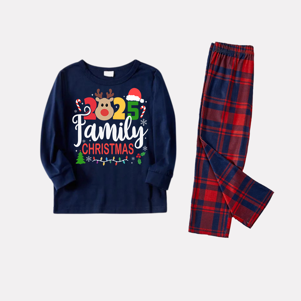 "Family Christmas 2025" Text and Deer Prints Blue Long Sleeves Top with Red and Blue Plaid Pants Christmas Matching Pajamas