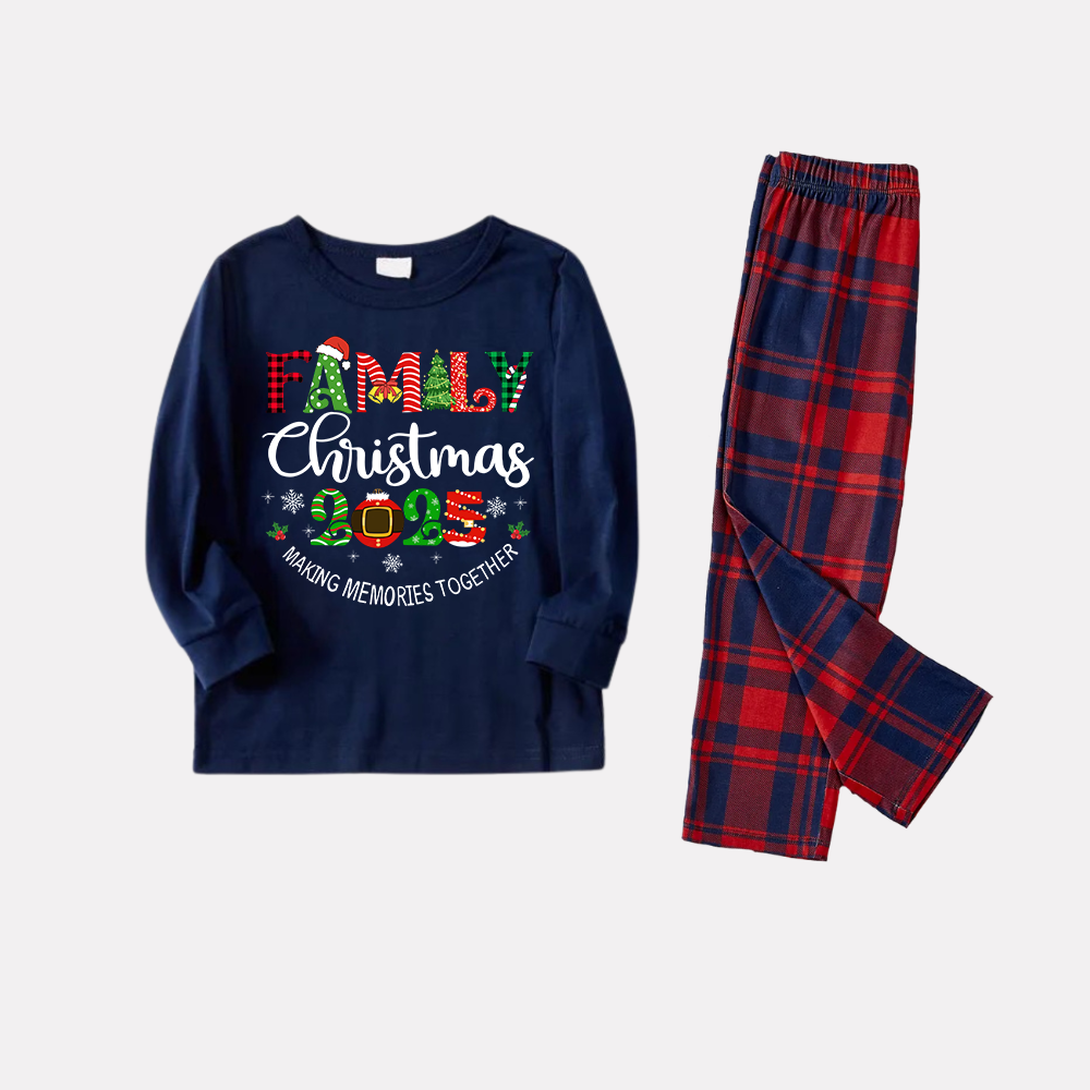 Cute "Family Christmas 2025" Text Prints Blue Long Sleeves Top with Red and Blue Plaid Pants Christmas Matching Pajamas