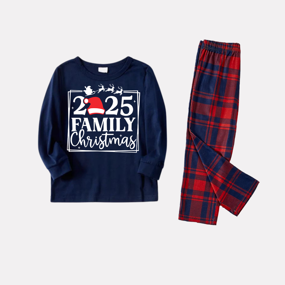 "2025 Family Christmas and Elk" Prints Blue Long Sleeves Top with Red and Blue Plaid Pants Christmas Matching Pajamas