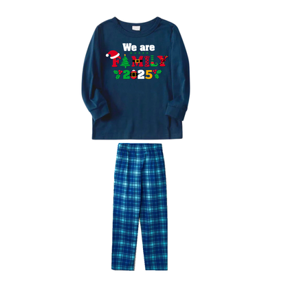 Christmas We are Family 2025 Letter Print Blue Long Sleeve Top With Blue Plaid Family Matching Pajamas