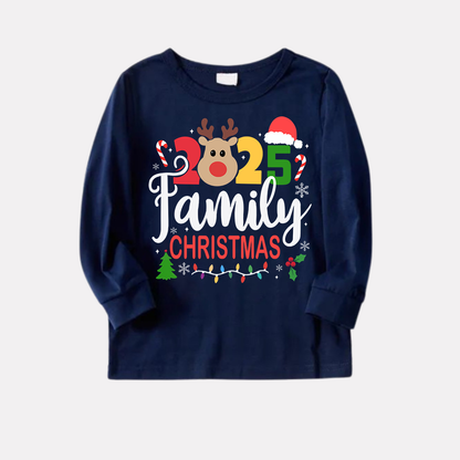 "Family Christmas 2025" Text and Deer Prints Blue Long Sleeves Top with Red and Blue Plaid Pants Christmas Matching Pajamas