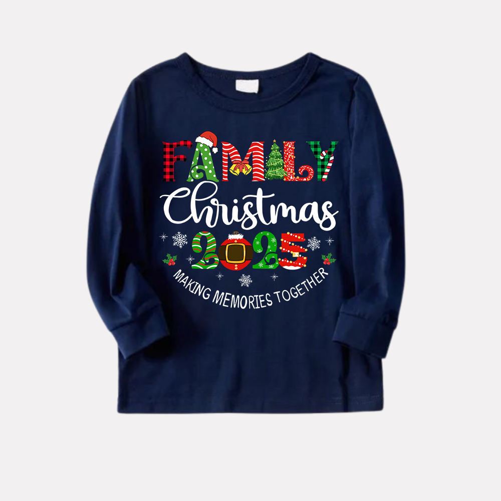 Cute "Family Christmas 2025" Text Prints Blue Long Sleeves Top with Red and Blue Plaid Pants Christmas Matching Pajamas